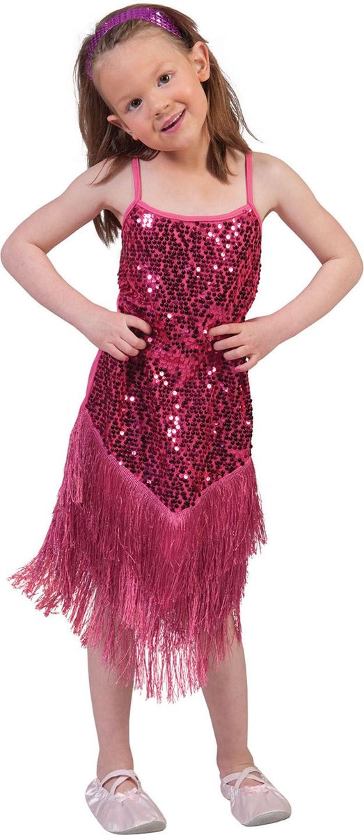 Jaren 20 Danseressen Kostuum | Glitter Fancy Flapper Jurk Roze Meisje | Maat 128 | Carnaval kostuum | Verkleedkleding